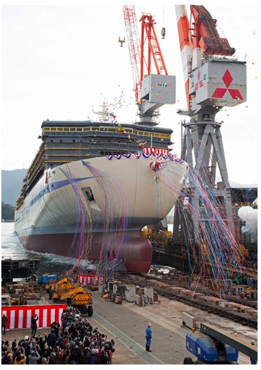 Mitsubishi Shipbuilding Holds Christening and Launch Ceremony in Shimonoseki for Second Passenger/Cargo Ship for Hankyu Ferry